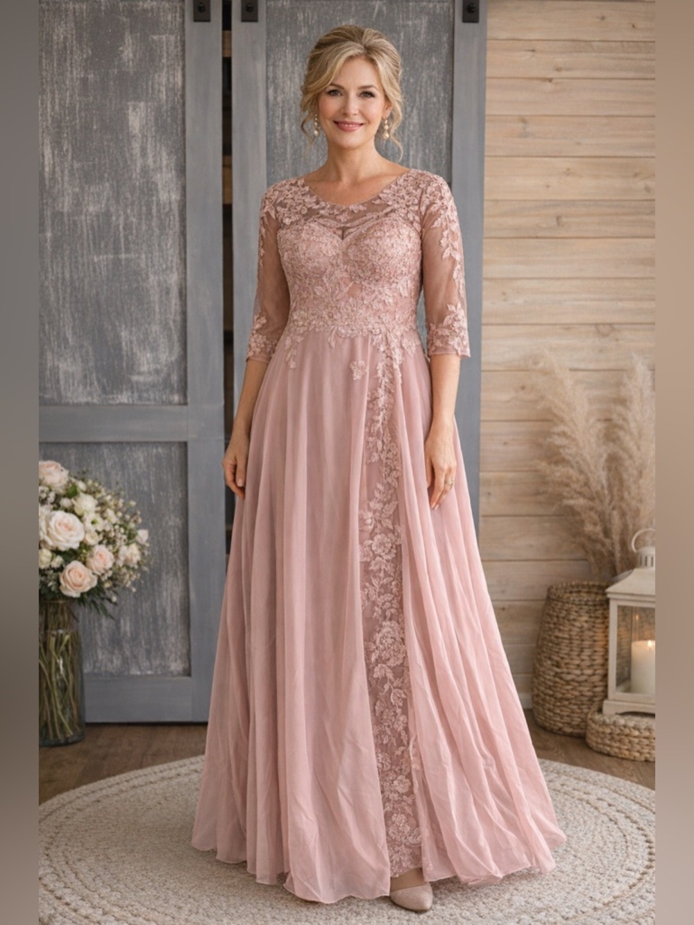 Dusty Rose Lace Mother of the Bride Gown | Formal Wedding Dress | Size S